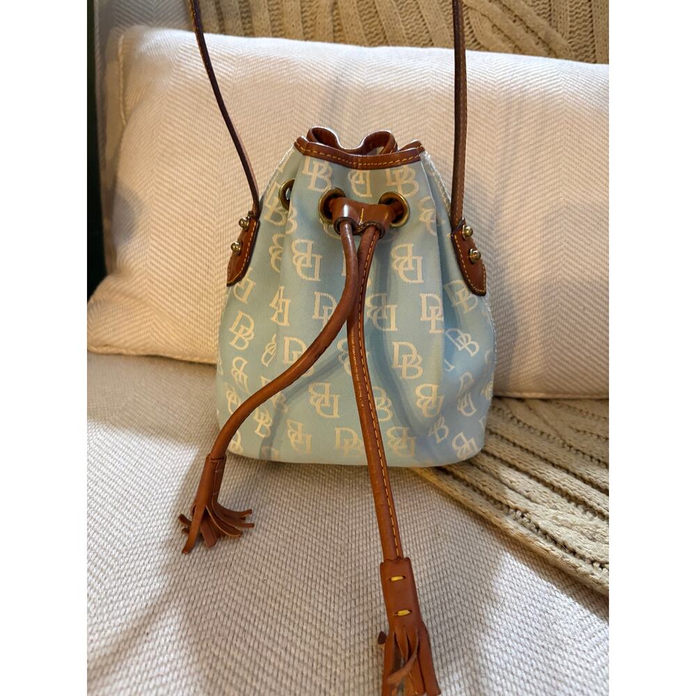 Vintage Dooney & Bourke Signature Monogram Drawstring Bucket Bag Denim Blue